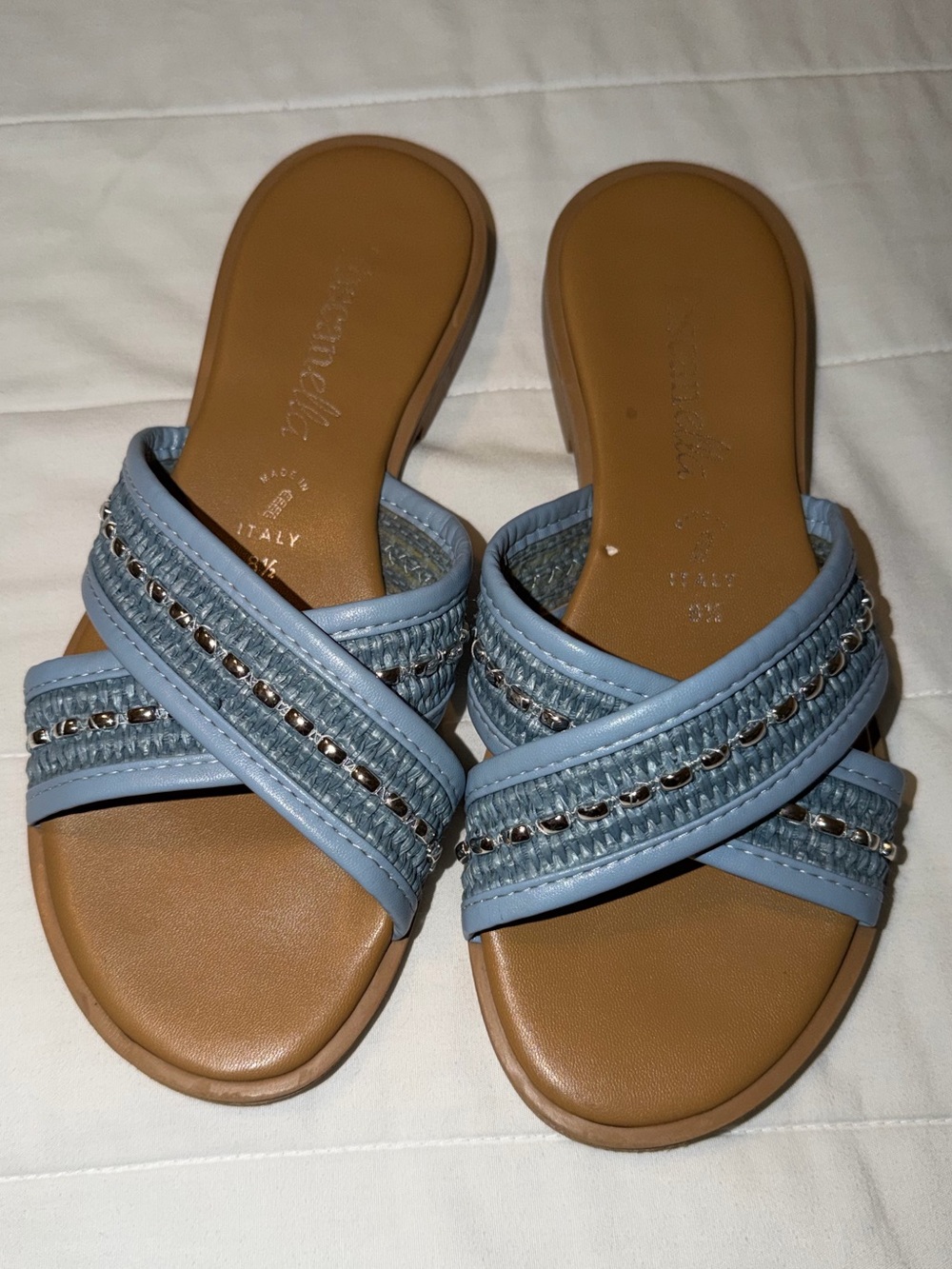 Toscanella Sky Blue Braided Slide Sandals, crafted w/ bohemian elegance Sz 8.5